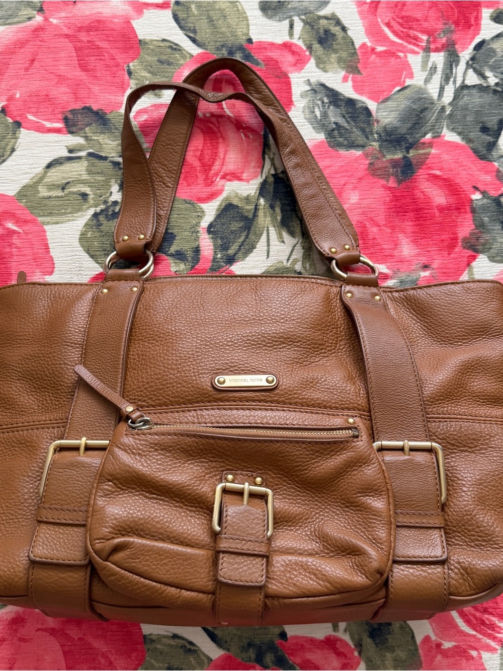 Vintage Michael Kors Cognac Brown Pebbled Leather Tote with Front Buckle Pocket